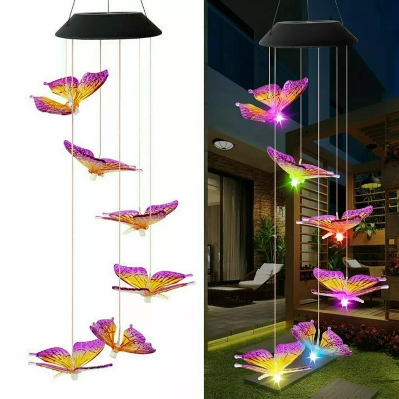 Solar Color Changing LED Butterfly Hanging Wind Chimes Home Garden Decor Light